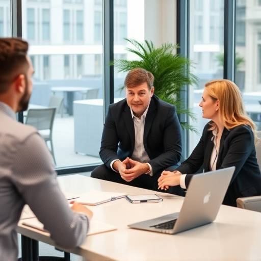 Un coach che guida una sessione di coaching esecutivo con un manager in un ambiente d'ufficio moderno