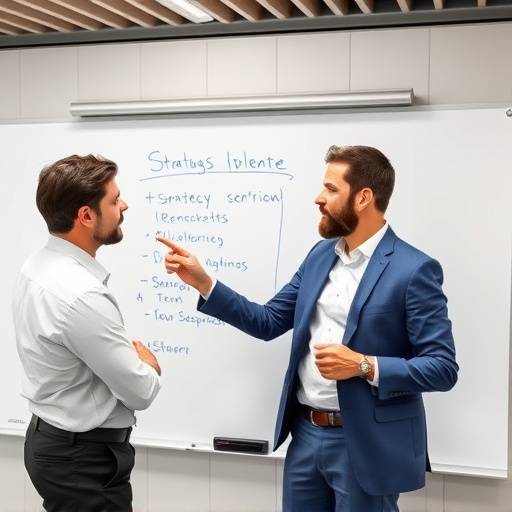 Un consulente spiega una strategia di business su una lavagna in un ufficio a Milano