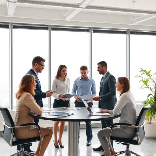 Un team di consulenti aziendali che collaborano a una strategia in un ufficio luminoso